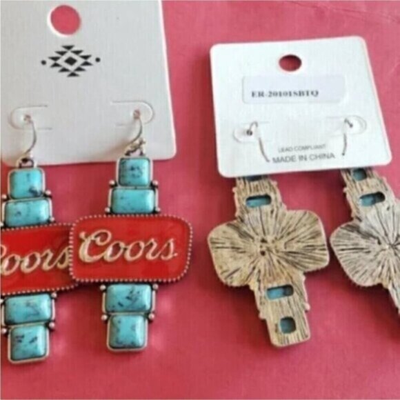Coors Beer Red Blue Turquoise Geometric Square Drop Silver Earrings - Picture 4 of 4